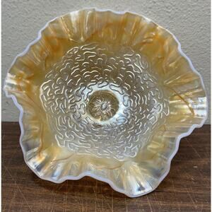 Vintage Dugan Carnival Opalescent Soutache Glass Flower Pedestal Bowl Peach